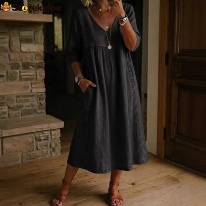 Elegant Linen-Blend V-Neck Midi Dress with Lace Inserts & Pockets | Casual Summer Dress for Women