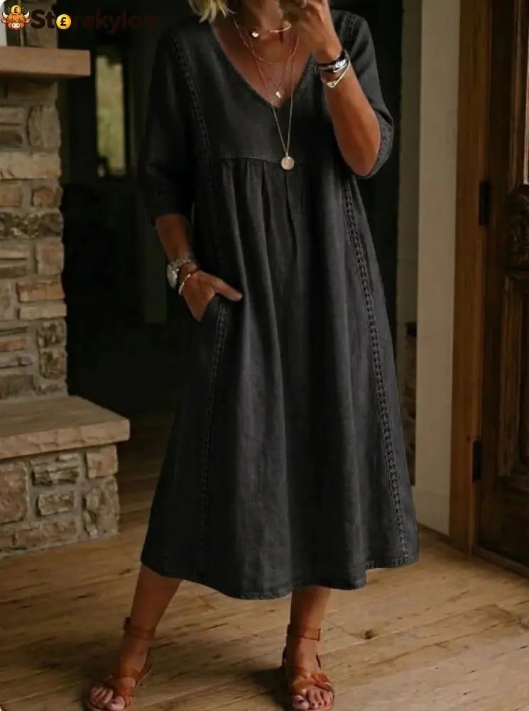 Elegant Linen-Blend V-Neck Midi Dress with Lace Inserts & Pockets | Casual Summer Dress for Women - Black / S