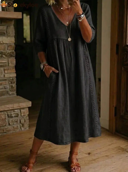 Elegant Linen-Blend V-Neck Midi Dress with Lace Inserts & Pockets | Casual Summer Dress for Women - Black / S