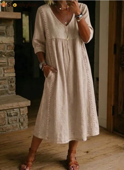 Elegant Linen-Blend V-Neck Midi Dress with Lace Inserts & Pockets | Casual Summer Dress for Women - Color / S