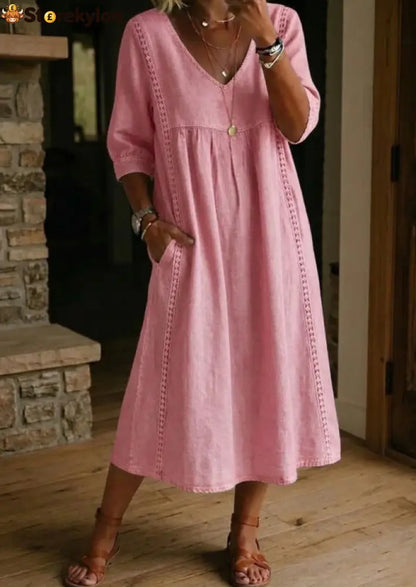 Elegant Linen-Blend V-Neck Midi Dress with Lace Inserts & Pockets | Casual Summer Dress for Women - Pink / S