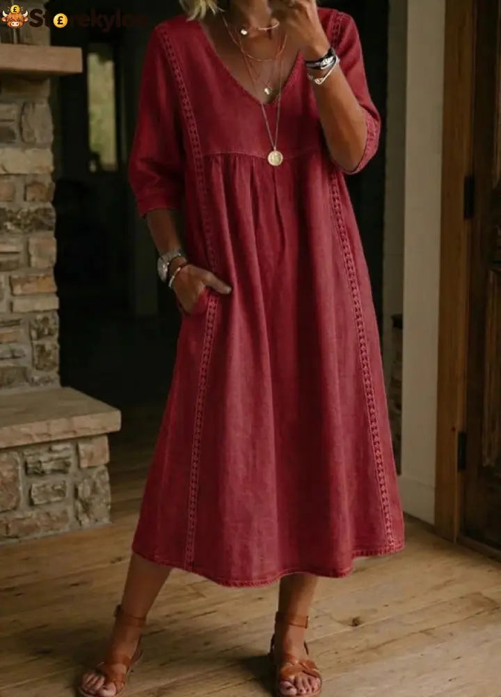 Elegant Linen-Blend V-Neck Midi Dress with Lace Inserts & Pockets | Casual Summer Dress for Women - Red / S
