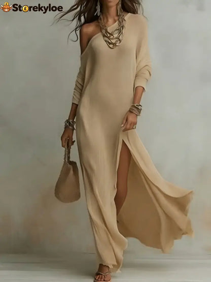 Elegant Long-Sleeved Knitted Pleated Slit Women’S Dress - Khaki / S
