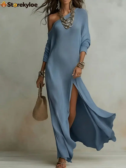 Elegant Long-Sleeved Knitted Pleated Slit Women’S Dress - Peacock blue / S