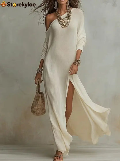 Elegant Long-Sleeved Knitted Pleated Slit Women’S Dress - White / S