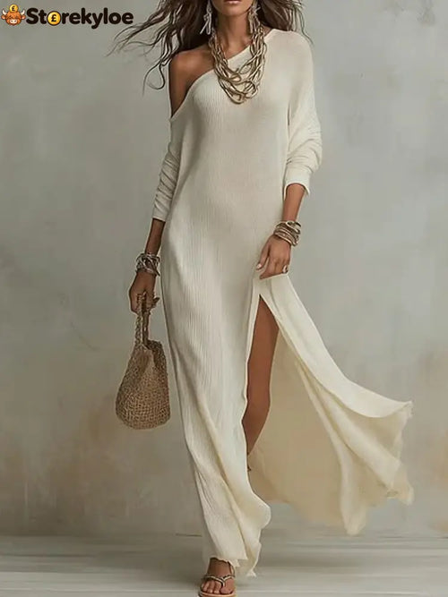 Elegant Long-Sleeved Knitted Pleated Slit Women’S Dress - White / S