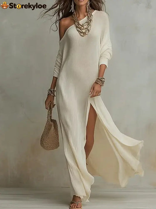 Elegant Long-Sleeved Knitted Pleated Slit Women’S Dress - White / S