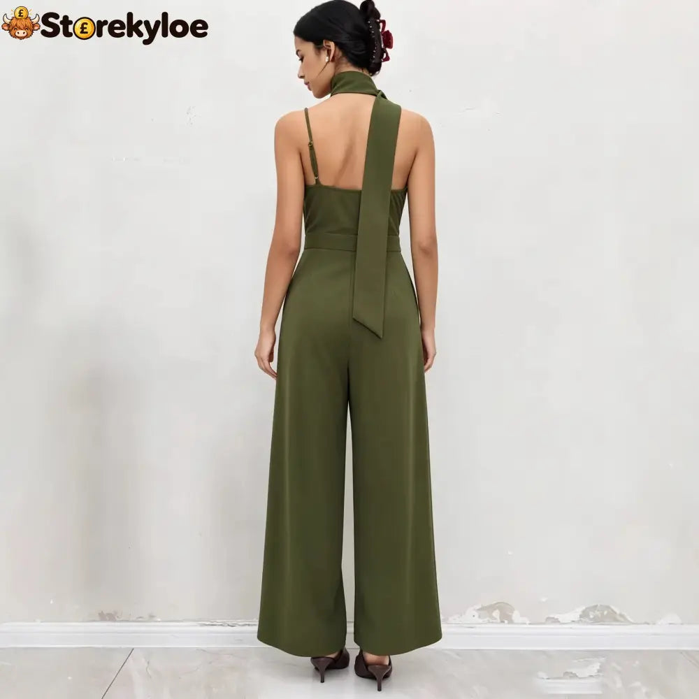 Elegant Olive Green Halter Wide-Leg Jumpsuit
