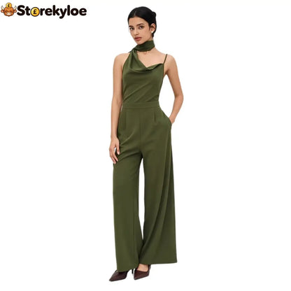 Elegant Olive Green Halter Wide-Leg Jumpsuit