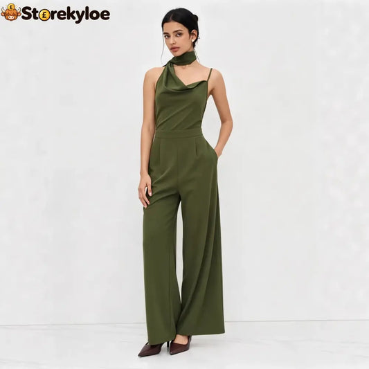 Elegant Olive Green Halter Wide-Leg Jumpsuit - Green / S
