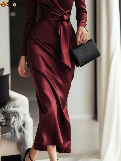 Elegant Plain Cross Neck Midi Dress With Belt