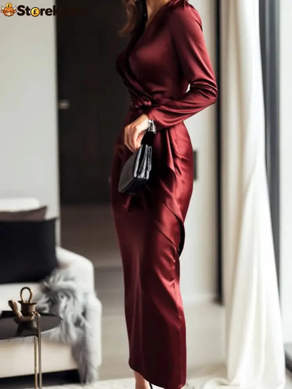 Elegant Plain Cross Neck Midi Dress With Belt