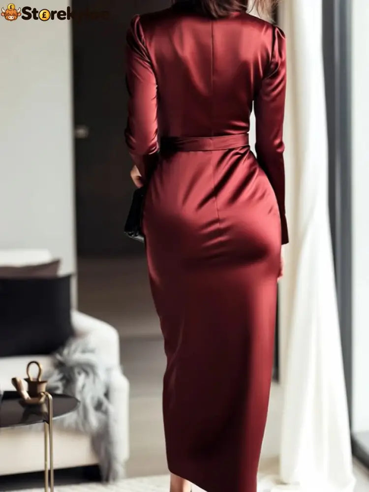Elegant Plain Cross Neck Midi Dress With Belt