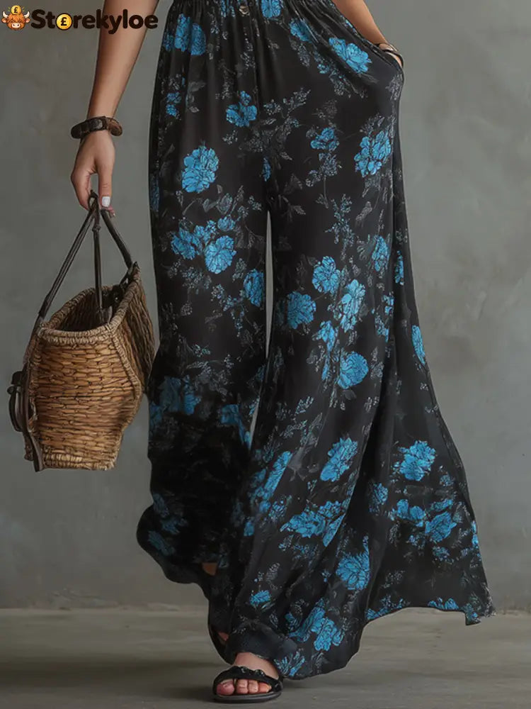 Elegant Retro Floral Print Black Chiffon Sleeveless Jumpsuit