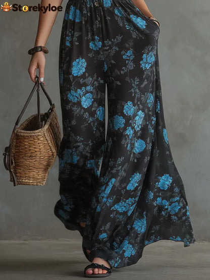Elegant Retro Floral Print Black Chiffon Sleeveless Jumpsuit