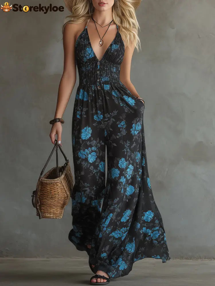 Elegant Retro Floral Print Black Chiffon Sleeveless Jumpsuit - Black / XS