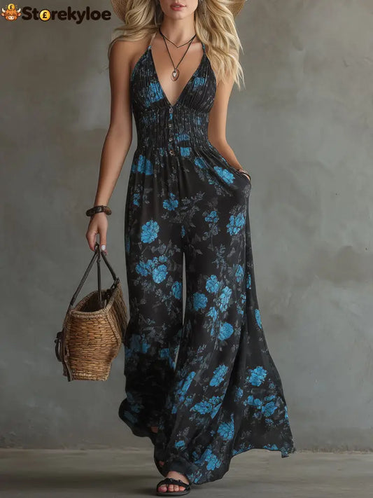 Elegant Retro Floral Print Black Chiffon Sleeveless Jumpsuit - Black / XS
