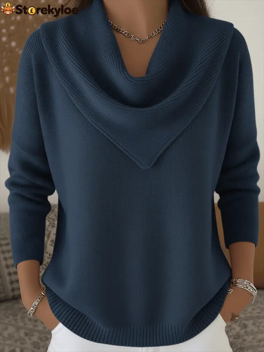 Elegant Retro Soft Triangle Neck Solid Color Sweater Top - Navy / XS(US 2)