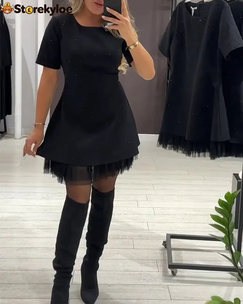 Elegant Shimmering Mesh Patchwork Dress - Black / S