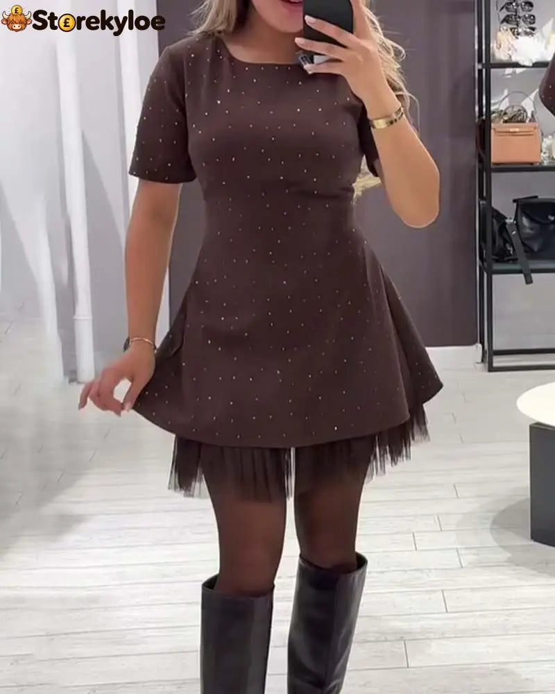 Elegant Shimmering Mesh Patchwork Dress - Brown / S