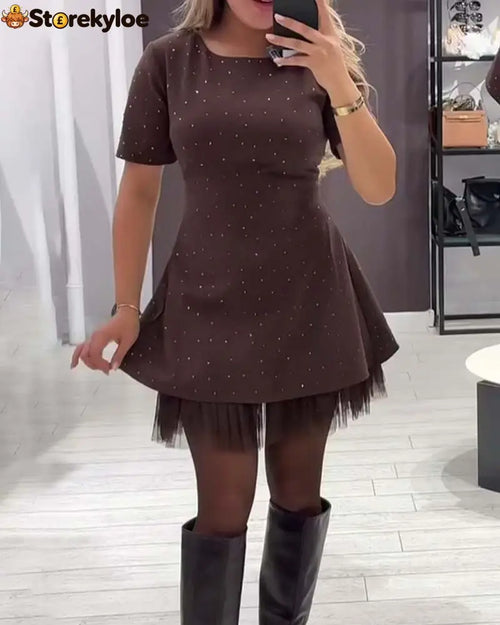 Elegant Shimmering Mesh Patchwork Dress - Brown / S