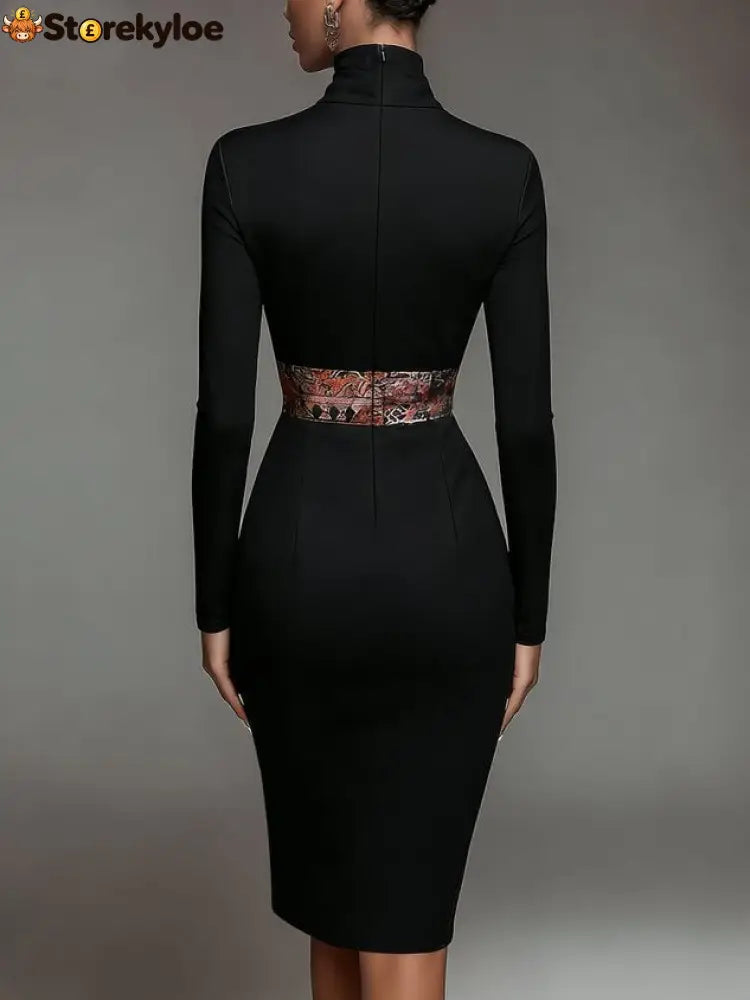 Elegant Stand Collar Jersey Midi Dress Long Sleeve