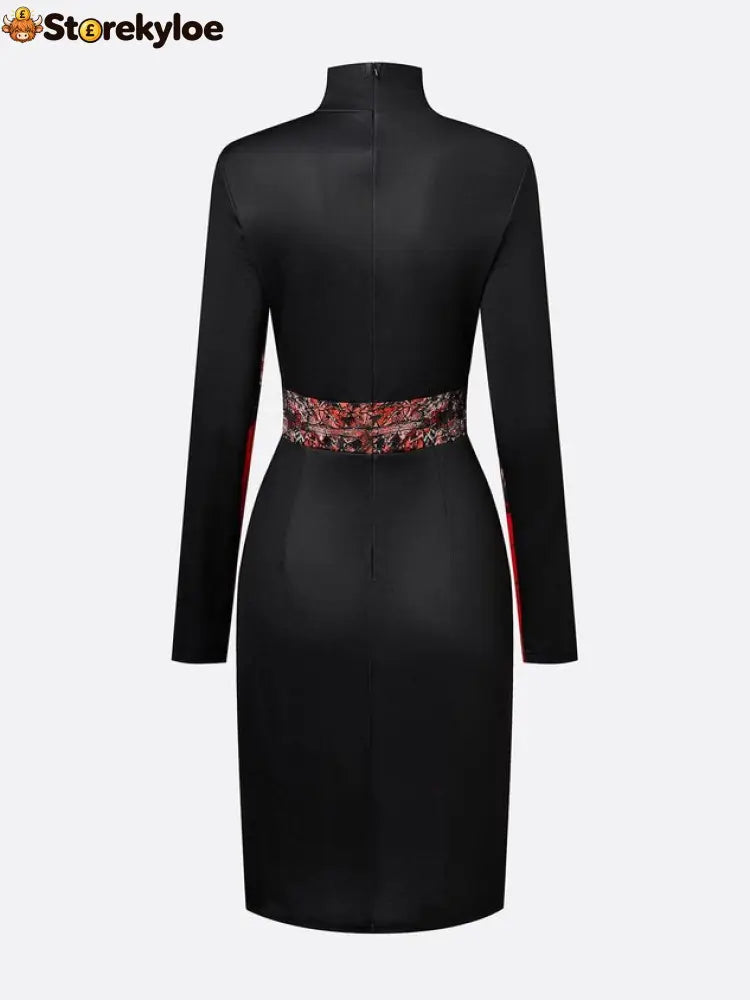 Elegant Stand Collar Jersey Midi Dress Long Sleeve