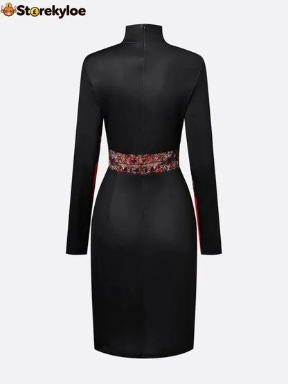 Elegant Stand Collar Jersey Midi Dress Long Sleeve