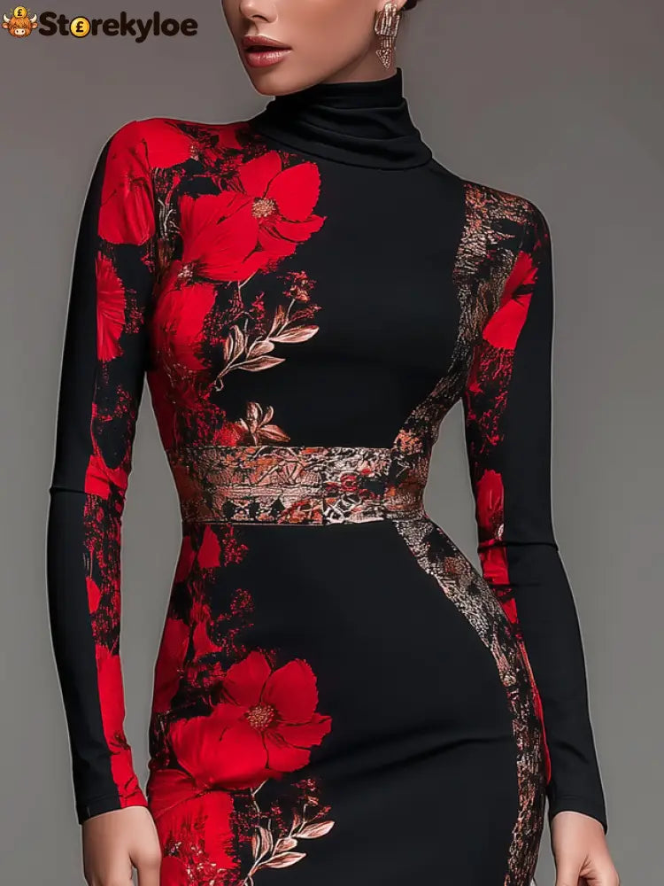 Elegant Stand Collar Jersey Midi Dress Long Sleeve