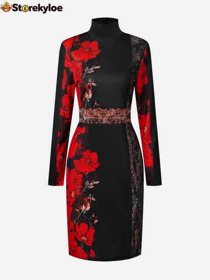 Elegant Stand Collar Jersey Midi Dress Long Sleeve