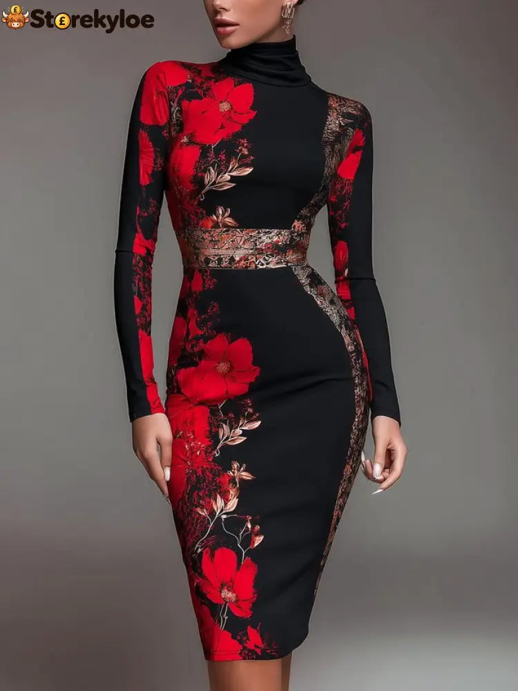 Elegant Stand Collar Jersey Midi Dress Long Sleeve - Red / S