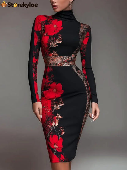 Elegant Stand Collar Jersey Midi Dress Long Sleeve - Red / S