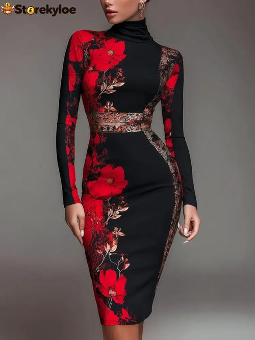 Elegant Stand Collar Jersey Midi Dress Long Sleeve - Red / S