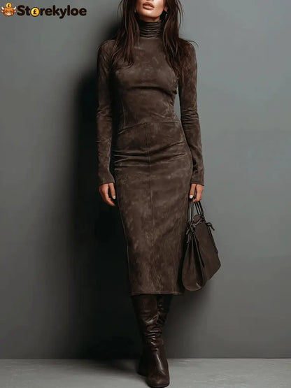 Elegant Suede Maxi Dress - Chocolate Brown / XS