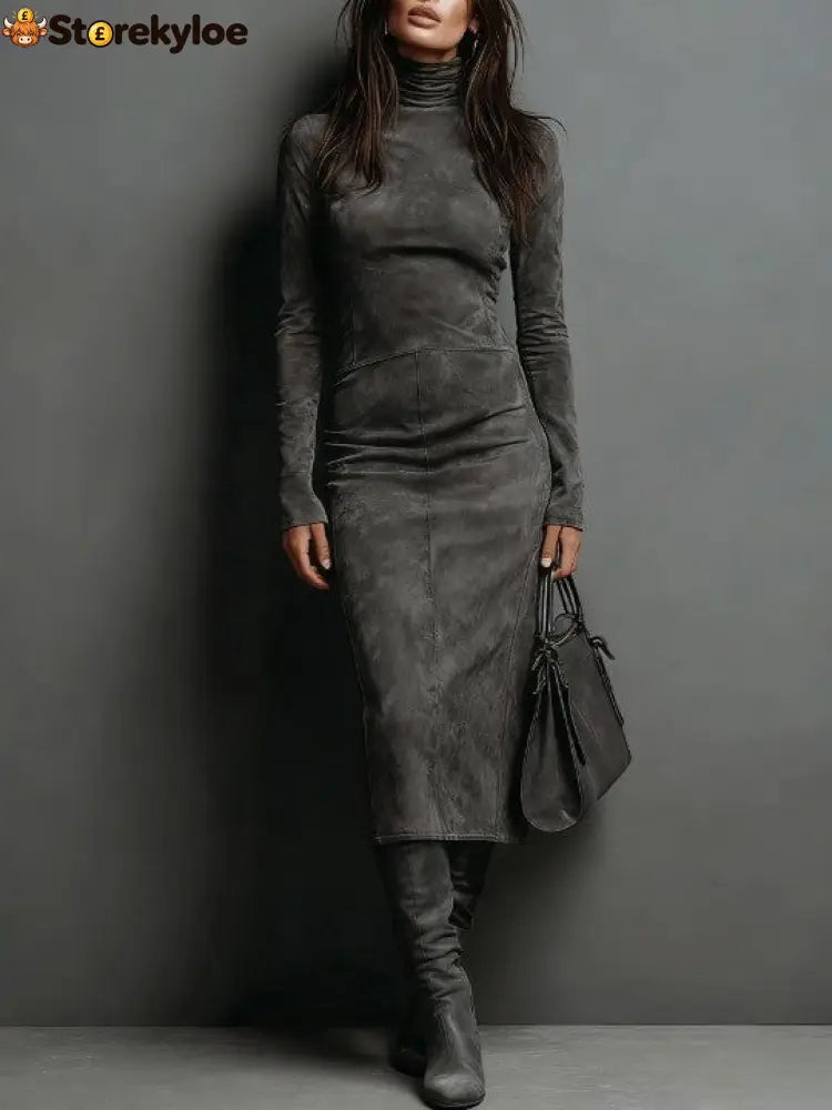 Elegant Suede Maxi Dress - Dark Gray / XS