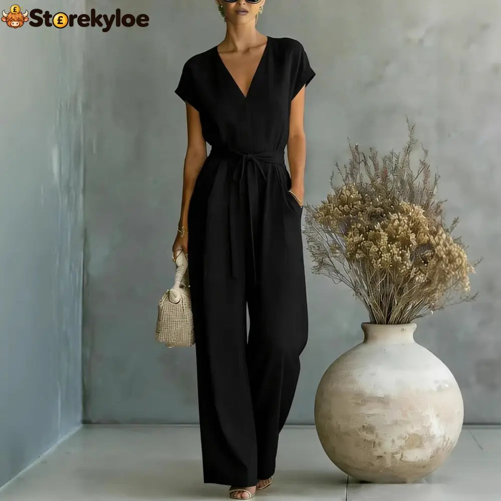 Elegant V-Neck Belted Jumpsuit for Women - Casual & Chic One-Piece Outfit for Everyday & Occasion Wear - Black / S