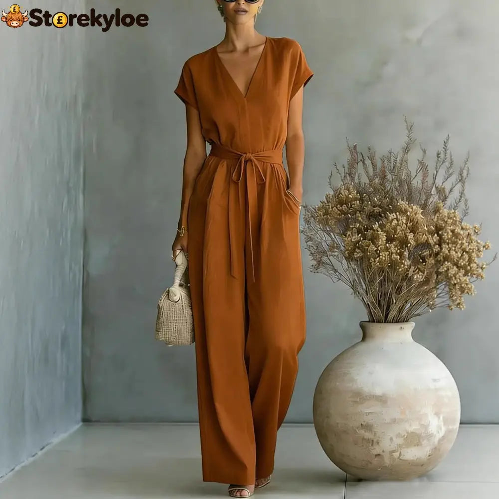 Elegant V-Neck Belted Jumpsuit for Women - Casual & Chic One-Piece Outfit for Everyday & Occasion Wear - Chocolate
