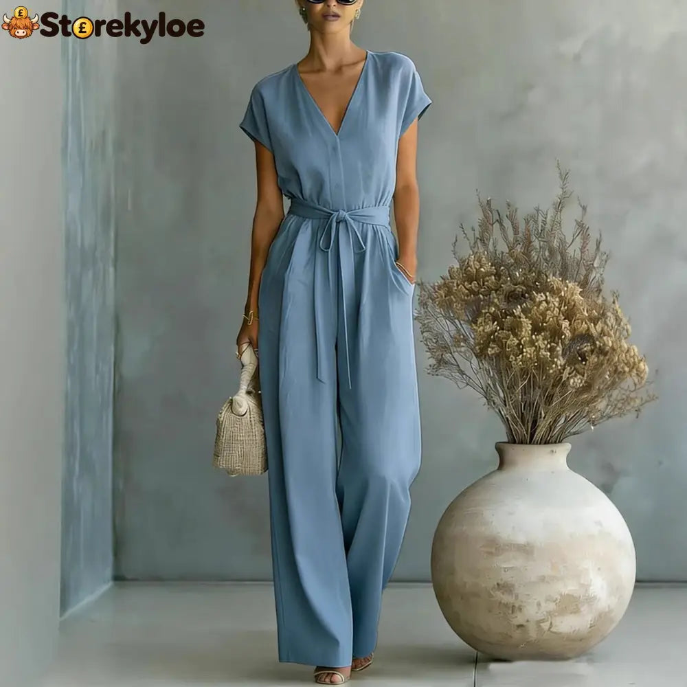 Elegant V-Neck Belted Jumpsuit for Women - Casual & Chic One-Piece Outfit for Everyday & Occasion Wear - Peacock blue
