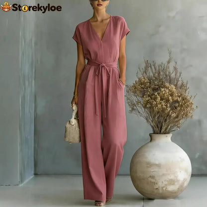 Elegant V-Neck Belted Jumpsuit for Women - Casual & Chic One-Piece Outfit for Everyday & Occasion Wear - Rouge color / S
