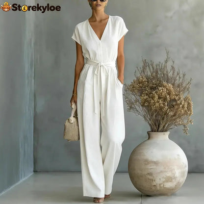 Elegant V-Neck Belted Jumpsuit for Women - Casual & Chic One-Piece Outfit for Everyday & Occasion Wear - White / S