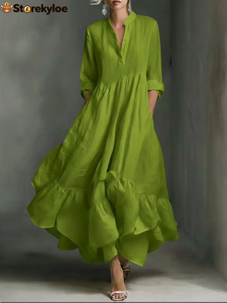Elegant Women’s Printed Maxi Dress With Ruffle Details. - Green / S
