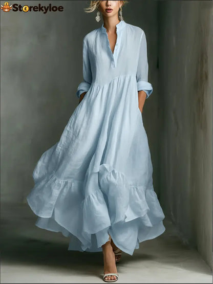 Elegant Women’s Printed Maxi Dress With Ruffle Details. - LightBlue / S