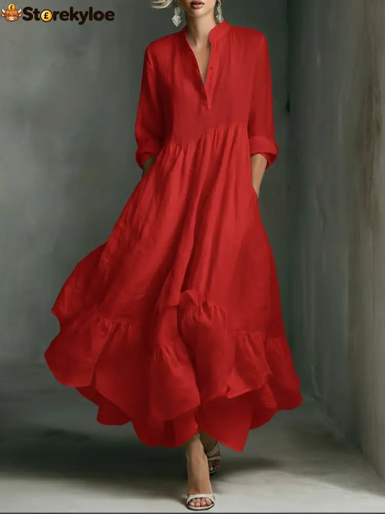 Elegant Women’s Printed Maxi Dress With Ruffle Details. - Red / S