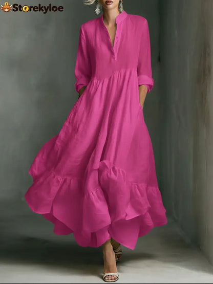 Elegant Women’s Printed Maxi Dress With Ruffle Details. - RoseRed / S