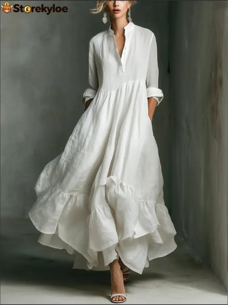 Elegant Women’s Printed Maxi Dress With Ruffle Details. - White / S