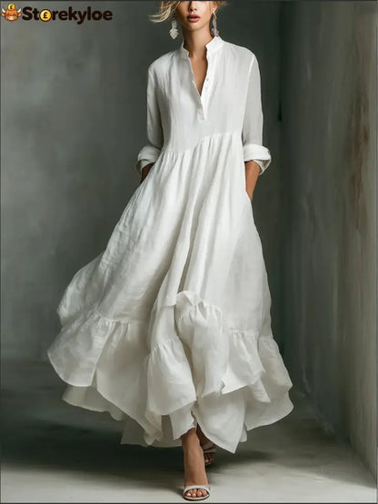 Elegant Women’s Printed Maxi Dress With Ruffle Details. - White / S