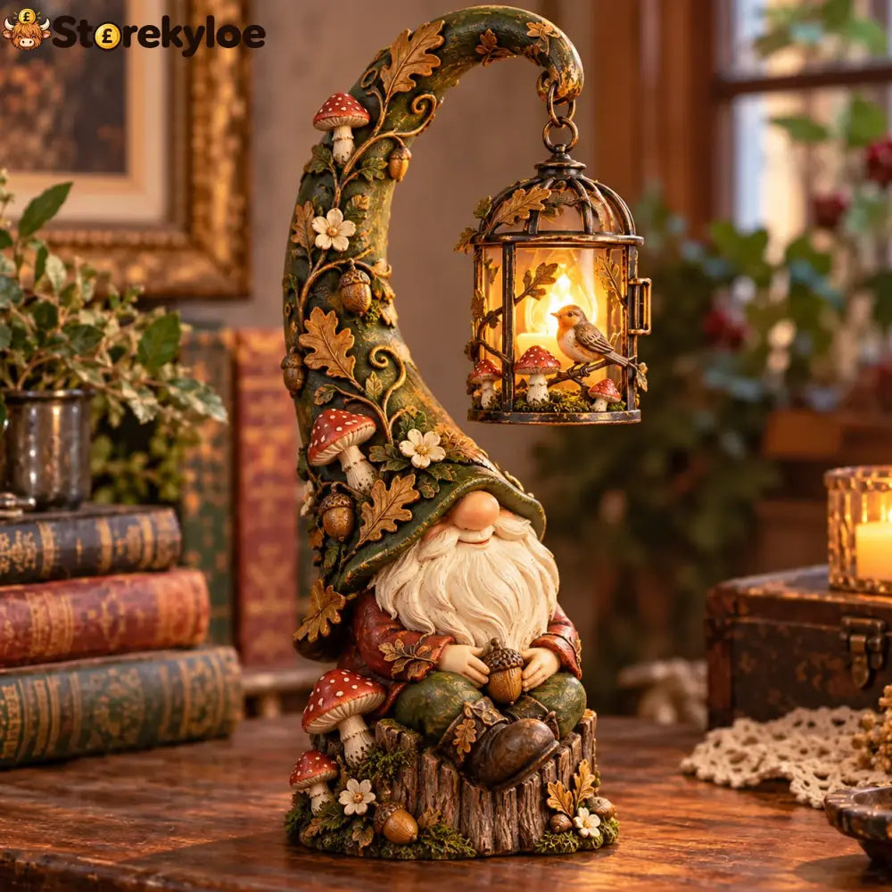 Enchanted Forest Gnome Lantern – Woodland Bird & Mushroom Lighted Decor