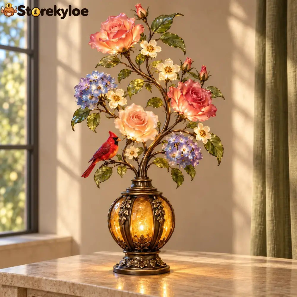 🌹✨ Eternal Bloom – Vintage Rose & Cardinal Table Lamp