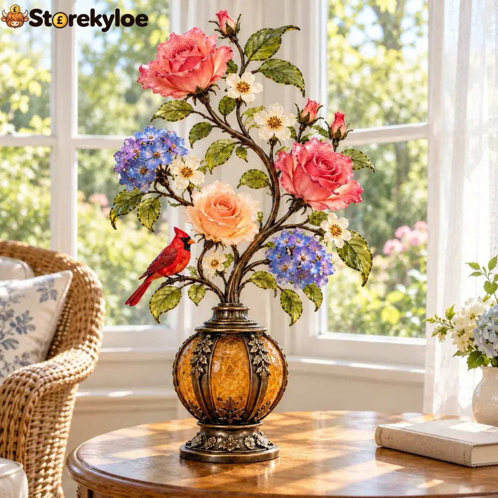 🌹✨ Eternal Bloom – Vintage Rose & Cardinal Table Lamp