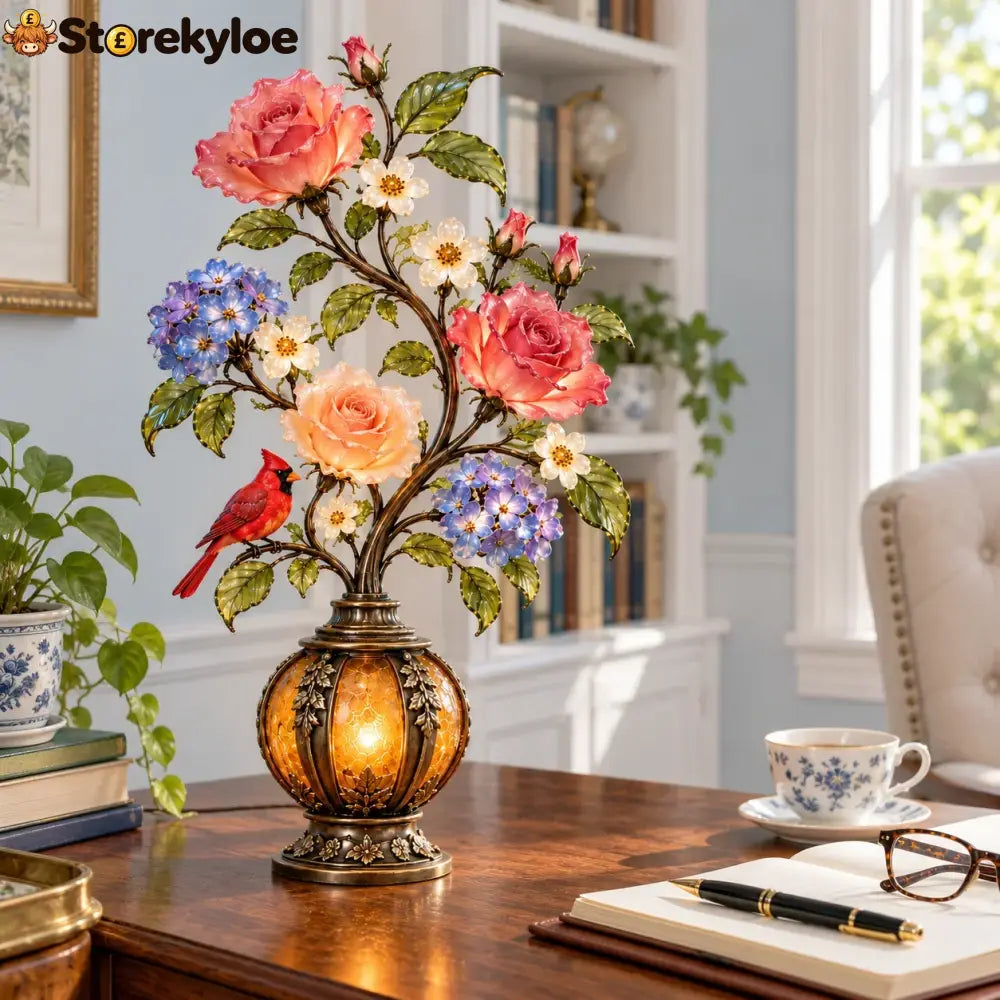 🌹✨ Eternal Bloom – Vintage Rose & Cardinal Table Lamp